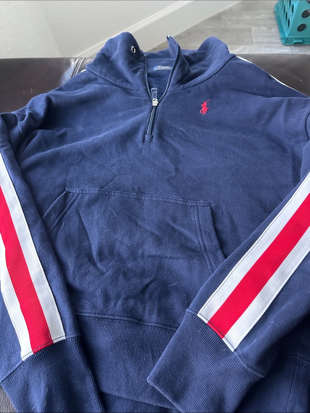 Polo by Ralph Lauren Navy Half-Zip Sweater with Red and White Sleeve Stripes